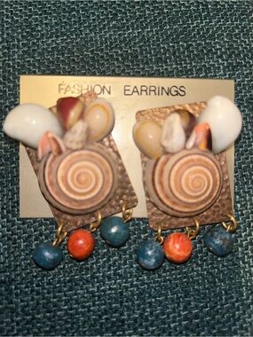 Vintage White, Blue and Orange Shell Drop Earrings